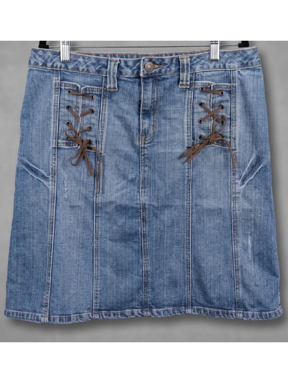 Apt. 9 Stretch Y2K Lace Up Denim Mini Skirt Distressed Medium Wash Sz 14